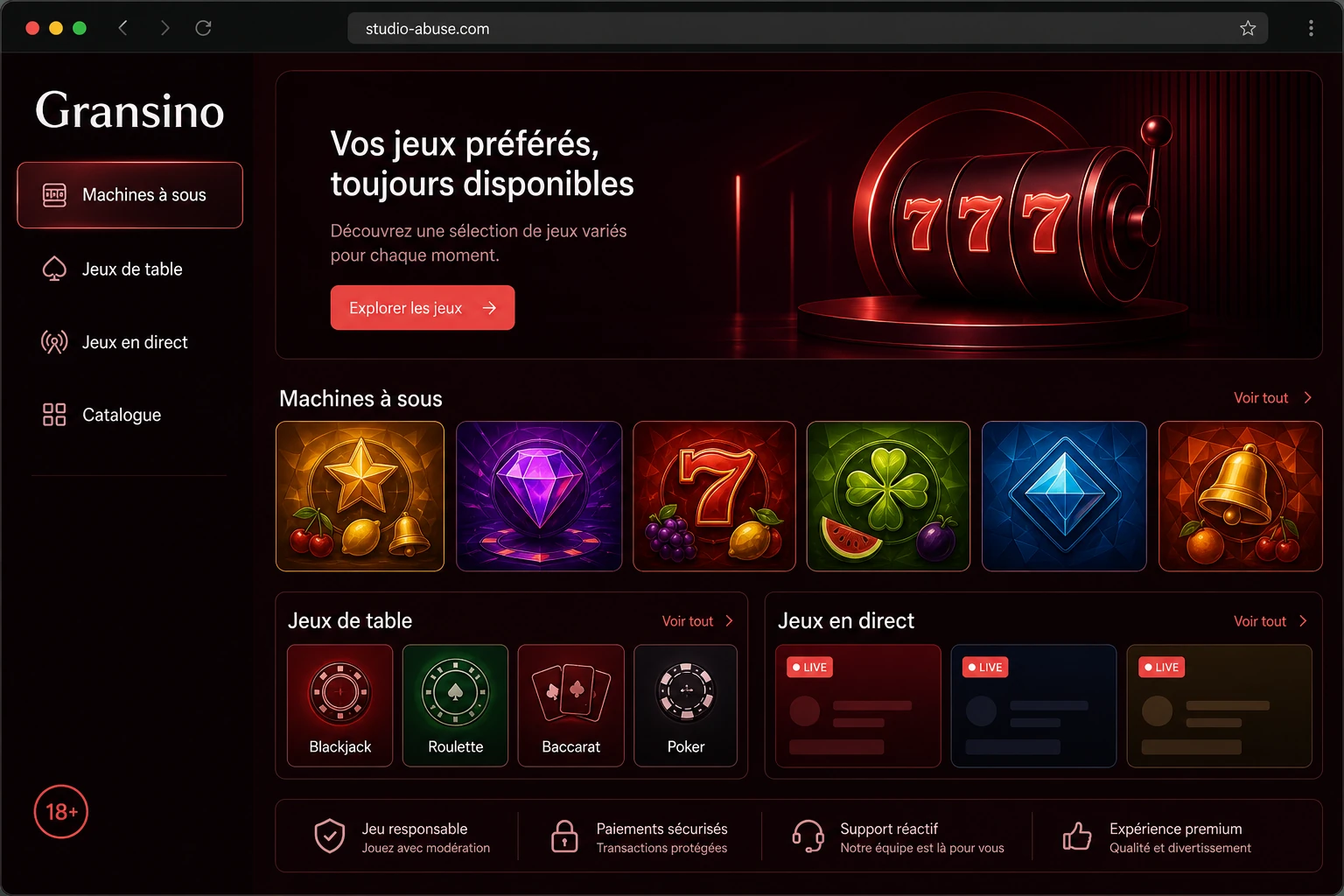 Jeux disponibles sur Gransino casino